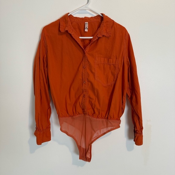 Free People POWER MOVE Button Down Woven Bodysuit orange red SZ L cotton - Picture 3 of 11